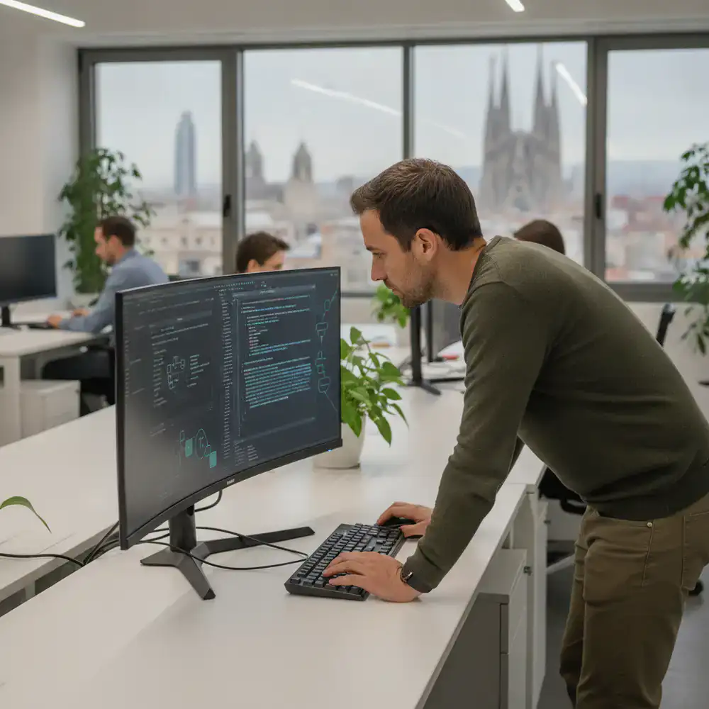 Programador revisando código de algoritmos en una pantalla en las oficinas de Barcelona